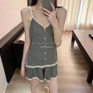 短裤 小法式 新款 蕾丝可调节吊带睡衣套装 弹力家居服二件套女 夏季
