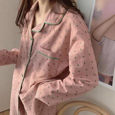 春秋纯棉碎花长袖草莓睡衣女新款