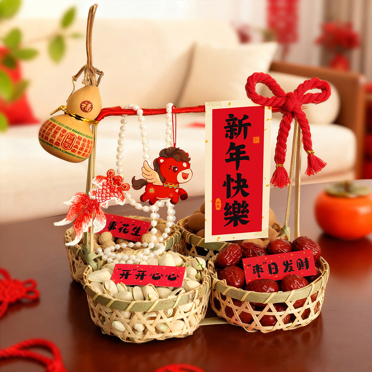 2026新年手提篮干果盘创意摆件春节马年用品家用年货喜庆氛围布置,节庆用品/礼品,创意摆件,淘宝优惠券,粉丝福利购,淘宝优惠卷
