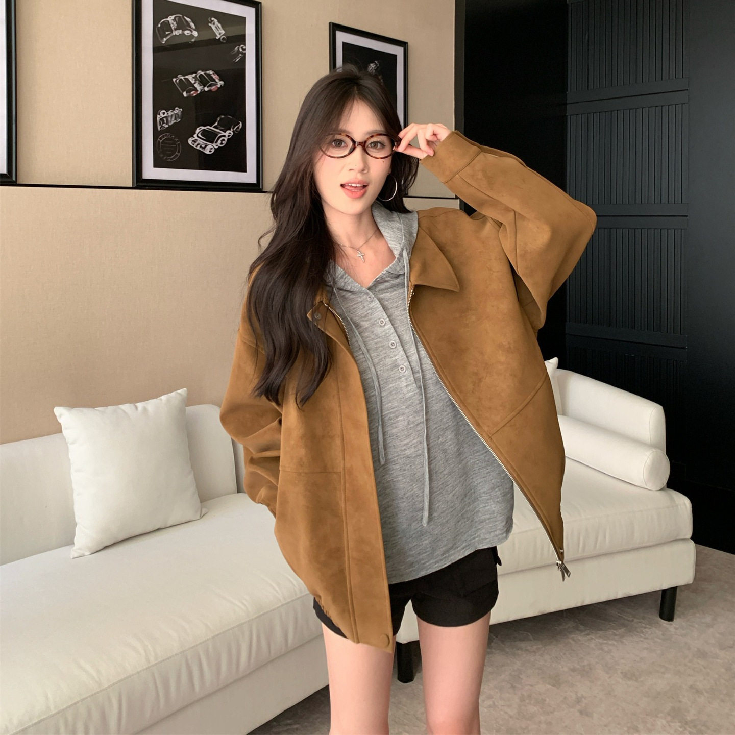 有念秋季翻领鹿皮绒夹克外套女复古美拉德拉链上衣连帽打底衫套装
