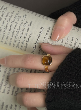 vintage中古风星月锆石戒指几何虎眼石食指戒小众高级感开口戒女