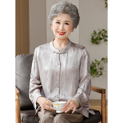 日本品质老年人奶奶秋装高档亚麻衬衫女士香云纱中老年妈妈长袖中