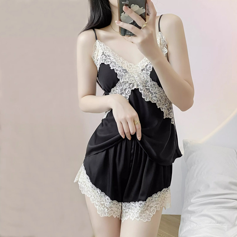 ins韩风睡衣吊带短裤套装带胸垫