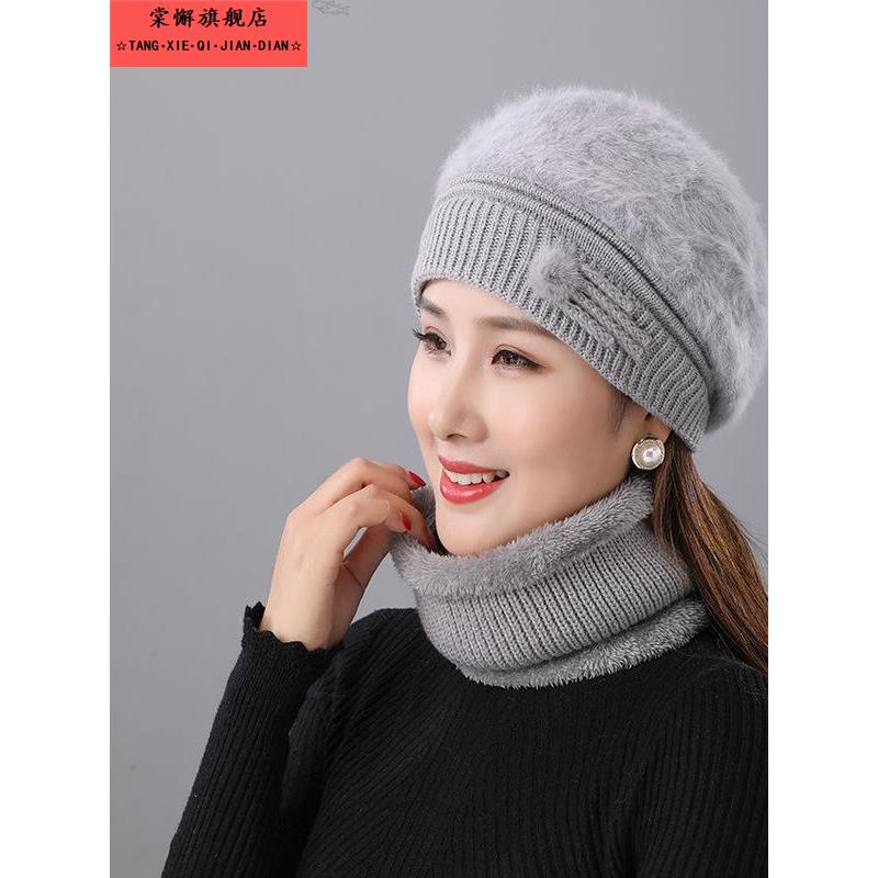 妈妈帽子女款秋冬加绒贝雷帽中老年帽子围脖针织老人奶奶毛线帽