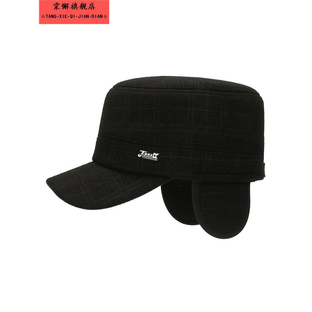 中老年帽子男士秋冬季毛呢平顶帽加绒加厚保暖爸爸爷爷护耳鸭舌帽