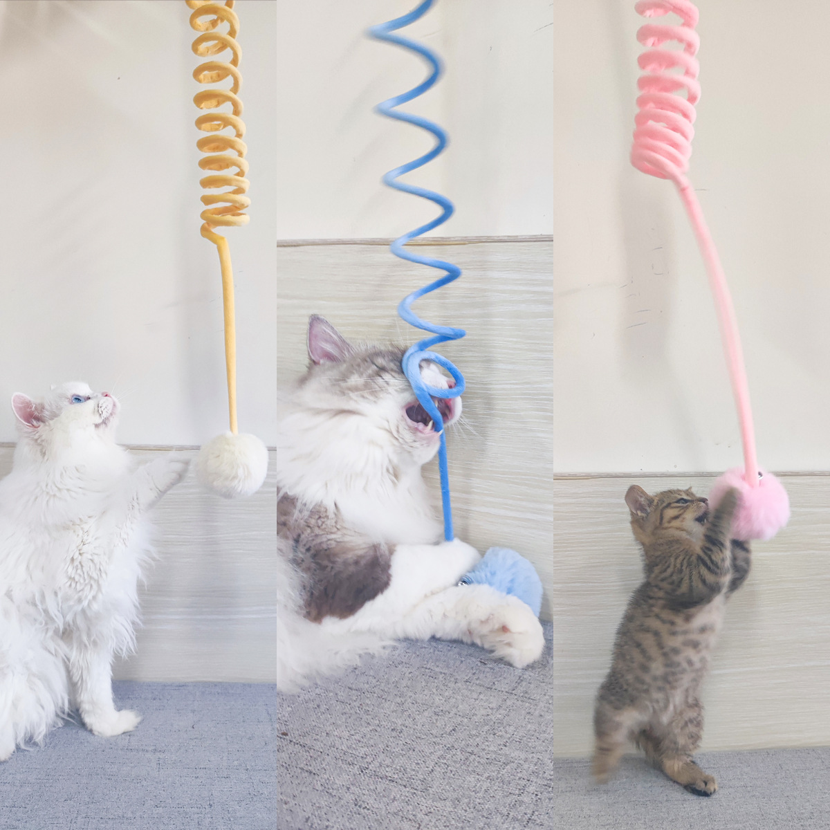 宠物用品自嗨吸盘弹簧兔毛球逗猫棒可伸缩悬挂秋千猫玩具