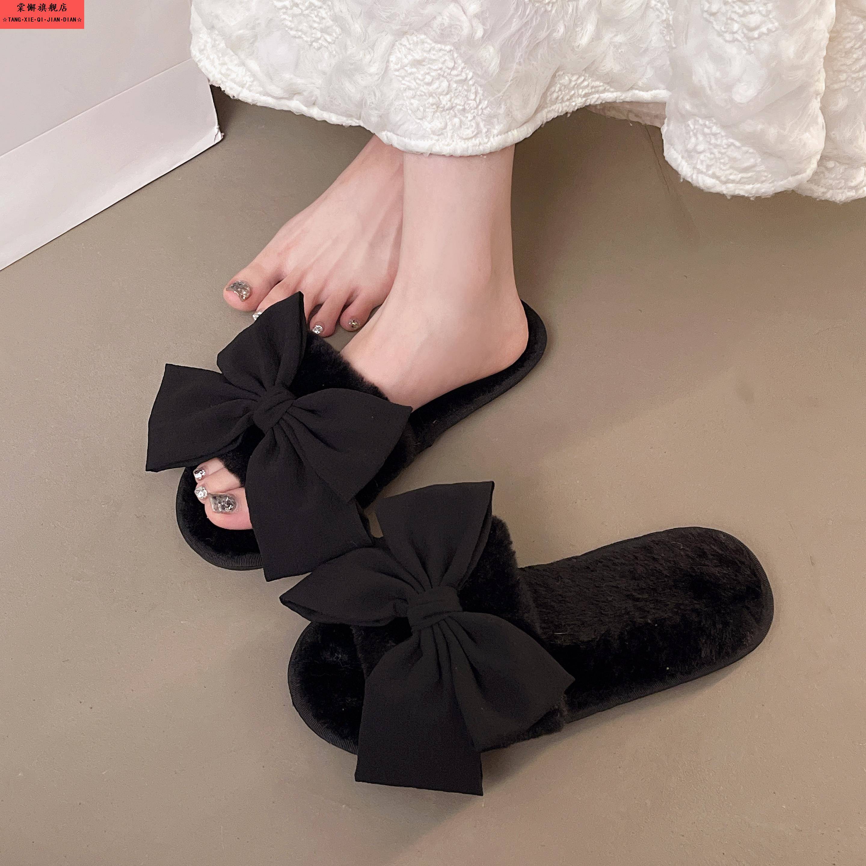 可爱甜美蝴蝶结毛绒拖鞋女秋冬新款居家软底舒适防滑毛毛拖一字拖