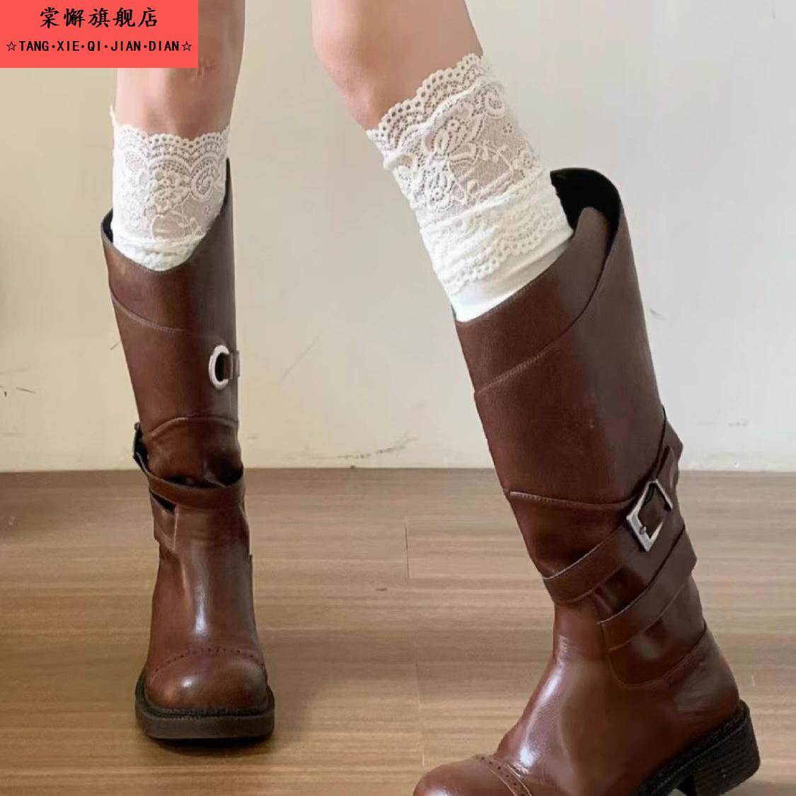 搭配长靴袜子秋冬蕾丝小腿袜美拉德靴子骑行靴短靴内搭白色长筒袜