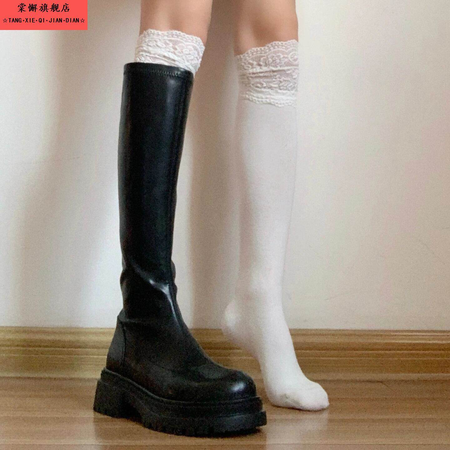 蕾丝小腿袜子女冬季纯棉中筒袜配靴子的袜子春秋靴袜芭蕾风长筒袜
