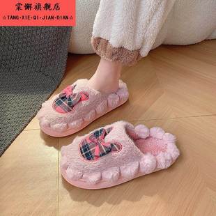 居家室内加绒保暖情侣棉拖鞋 新款 女秋冬季 可爱蝴蝶结厚底毛毛拖鞋