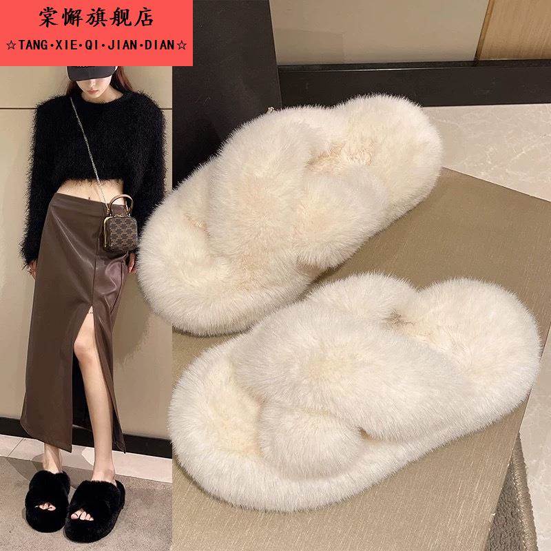 超火毛毛拖鞋女秋冬季外穿2025新款厚底交叉带家居高级感毛绒棉拖