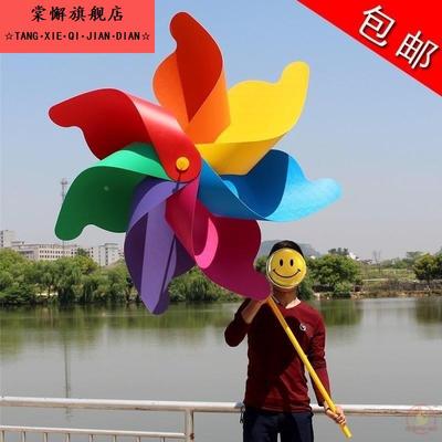 风车新款铁杆七彩木杆地摊旋转儿童绿叶彩色木制转动手拿大号三