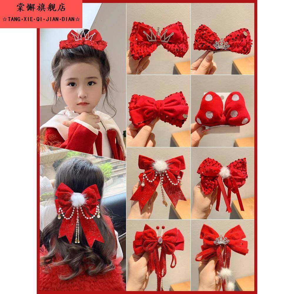 皇冠公主发夹新年红色蝴蝶结儿童头饰女孩后脑勺夹子秋冬丝绒发卡