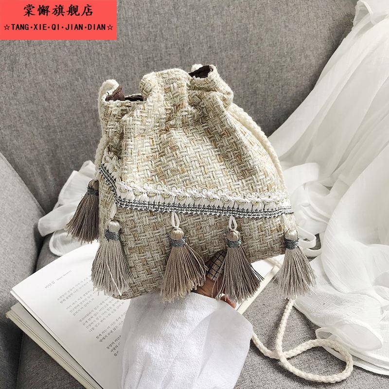 新款汉元素古风包包女汉服复古流苏包袋单肩斜挎包编织百搭水桶包