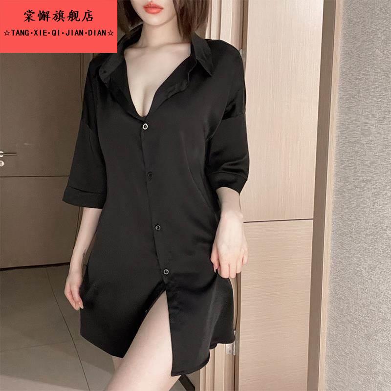 男友风白衬衫性感睡衣女款2025年新款冬秋大码睡裙蕾丝纯欲风套装