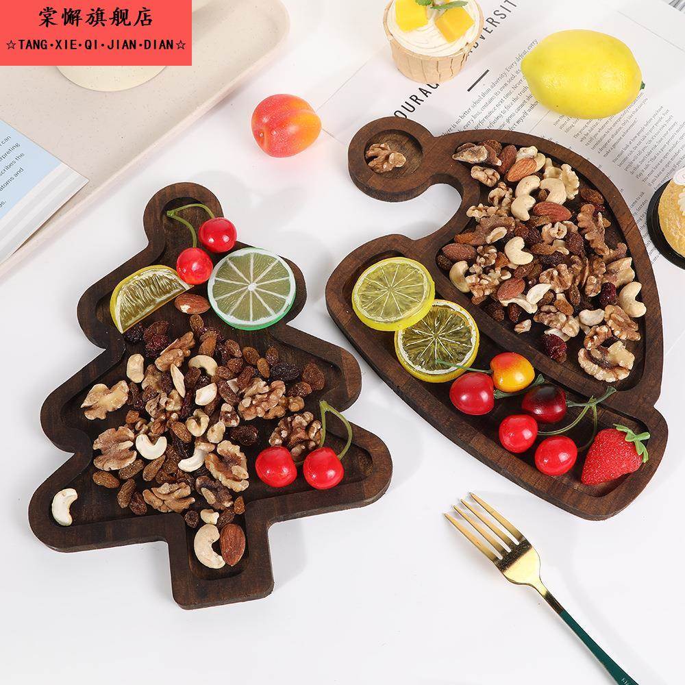 跨境圣诞餐具托盘可爱家用木制圣诞树水果餐盘蛋糕甜点分格木盘子