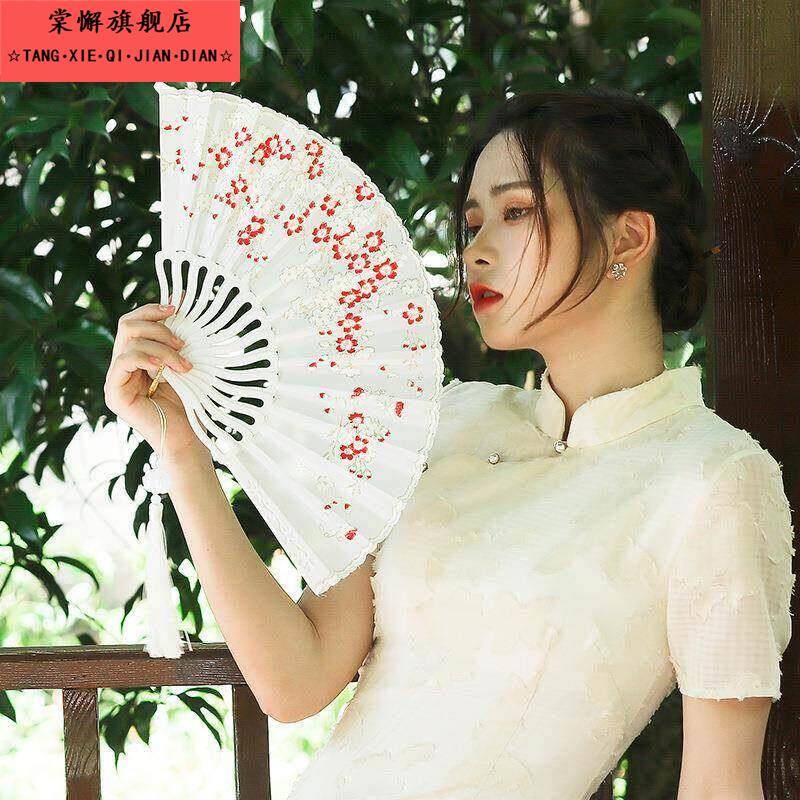 中式古风梅花扇秋水伊人女士旗袍舞蹈扇彩杆龙骨塑料扇高档礼品扇