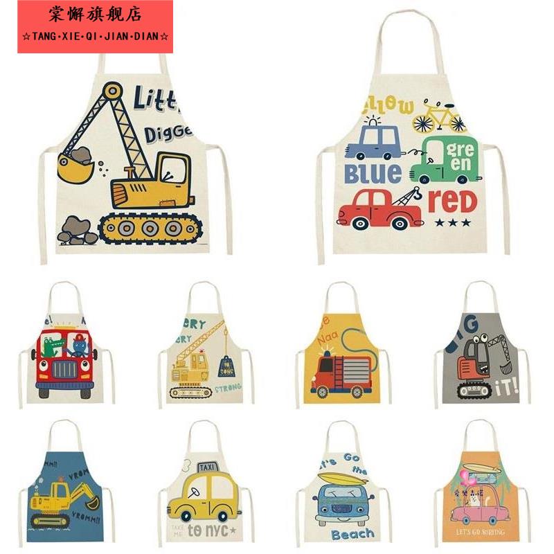 新款儿童围裙亚麻家用厨房卡通挖土机汽车幼儿园绘画 画围腰亲子