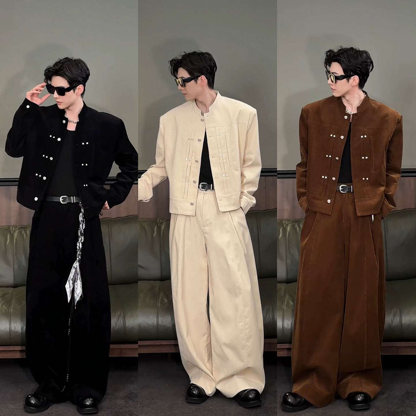 秋季新品美式高街时尚复古风男士轻奢夹克外套直筒休闲长裤两件套