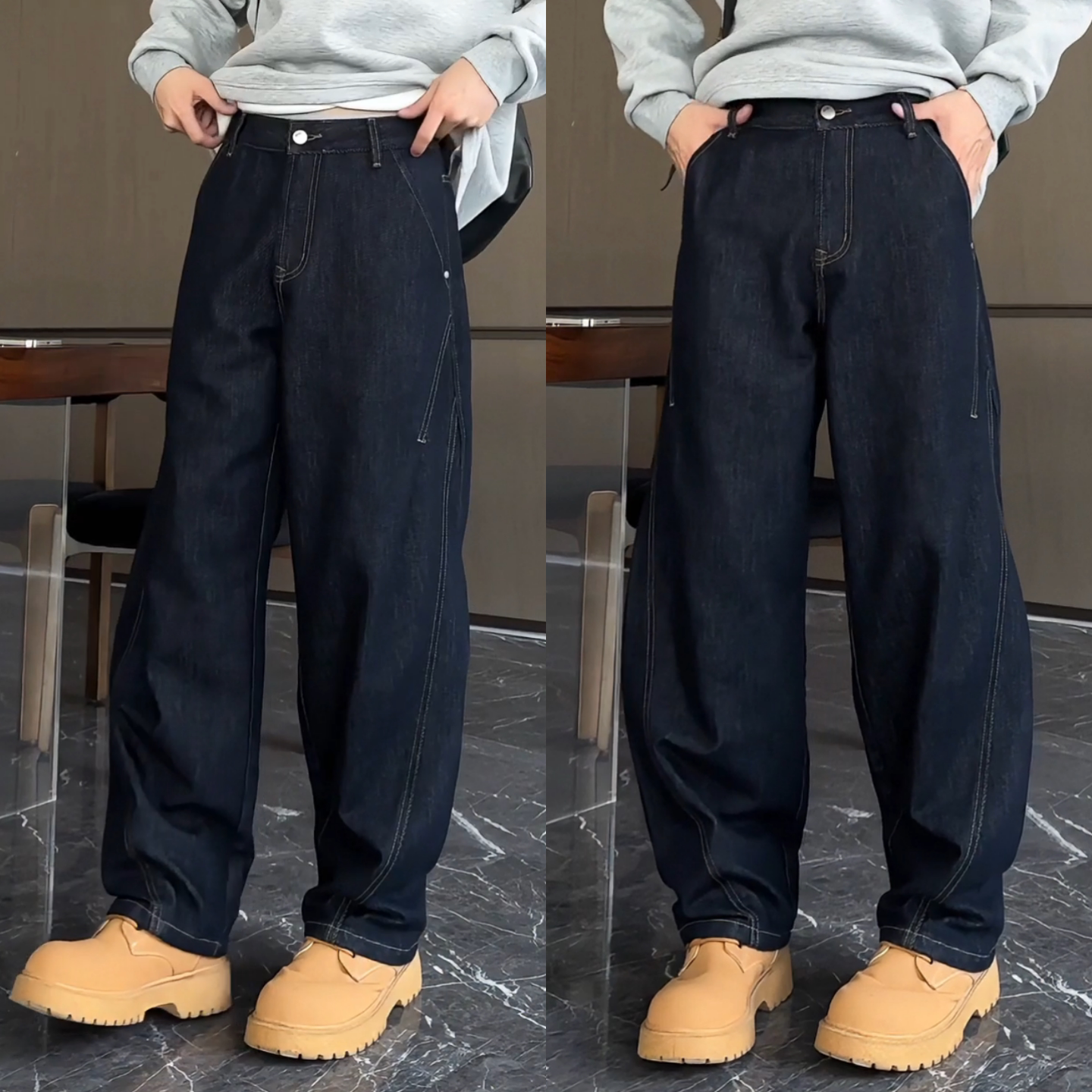 美式复古水洗宽松弯刀丹宁蓝牛仔裤男款秋季新款直筒版阔腿休闲裤