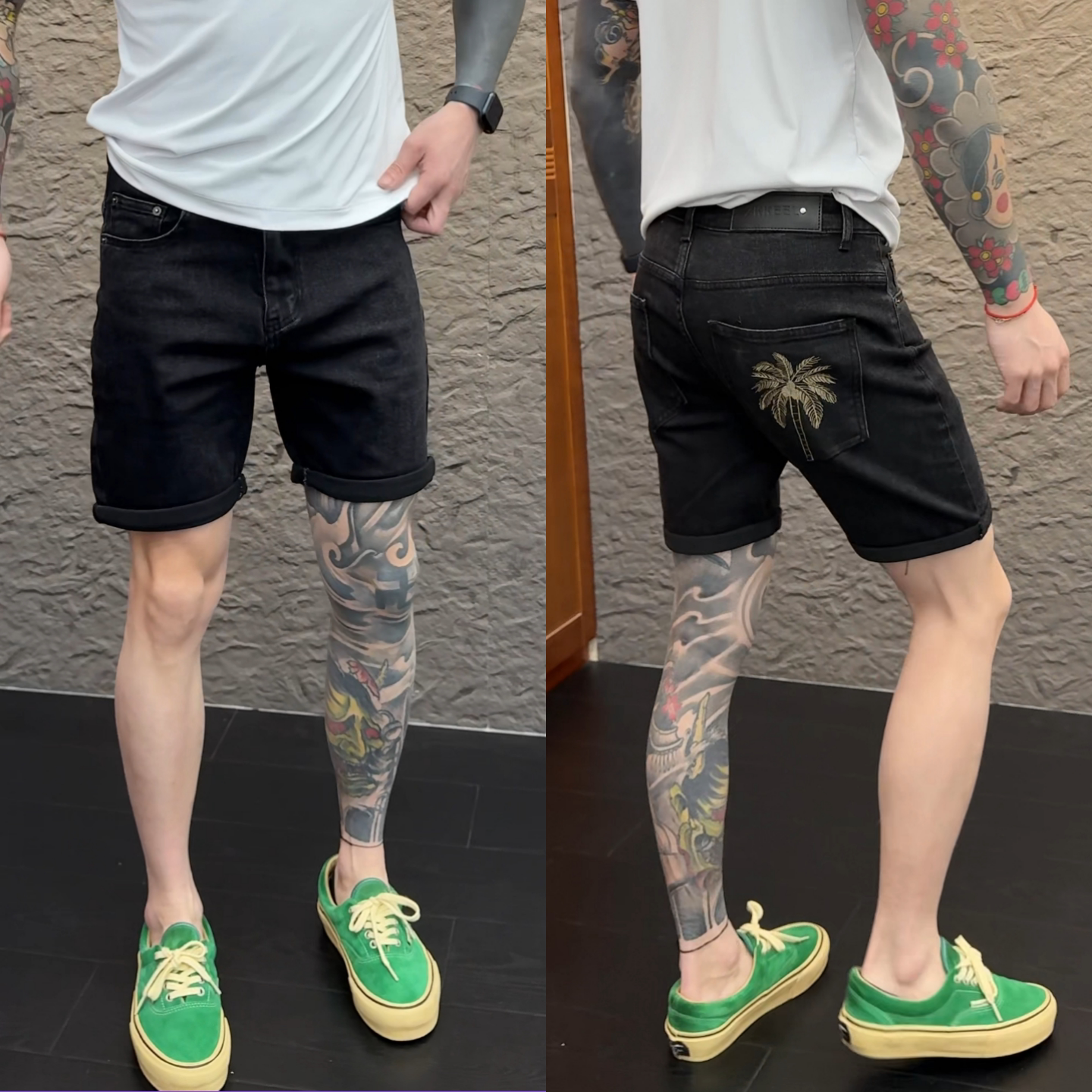 夏季上新休闲做旧黑色帅气短裤净版百搭椰子树刺绣牛仔五分裤男士