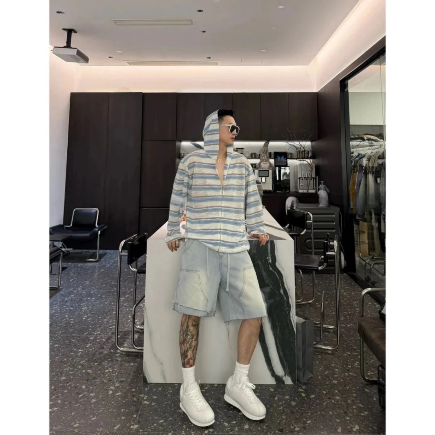 夏季美式风松弛感条纹连帽开衫