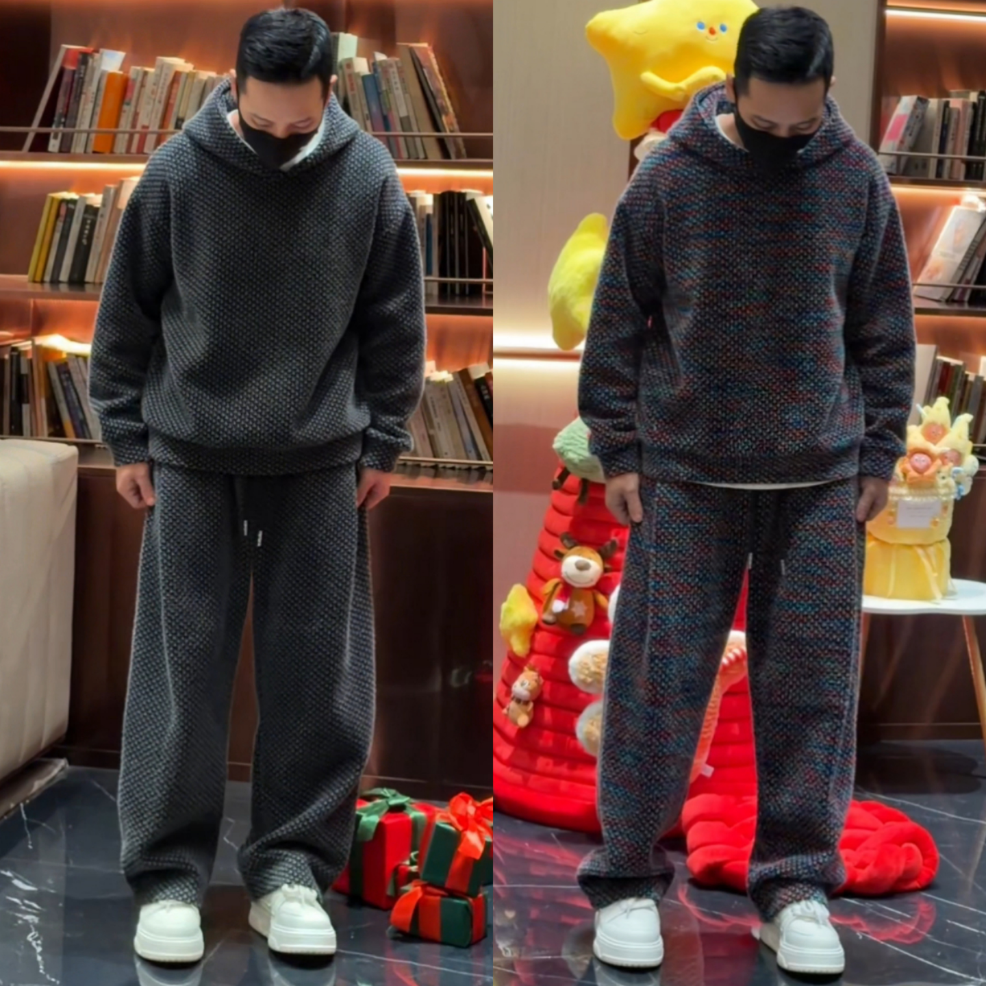 冬季加绒加厚千鸟格套装男女同款