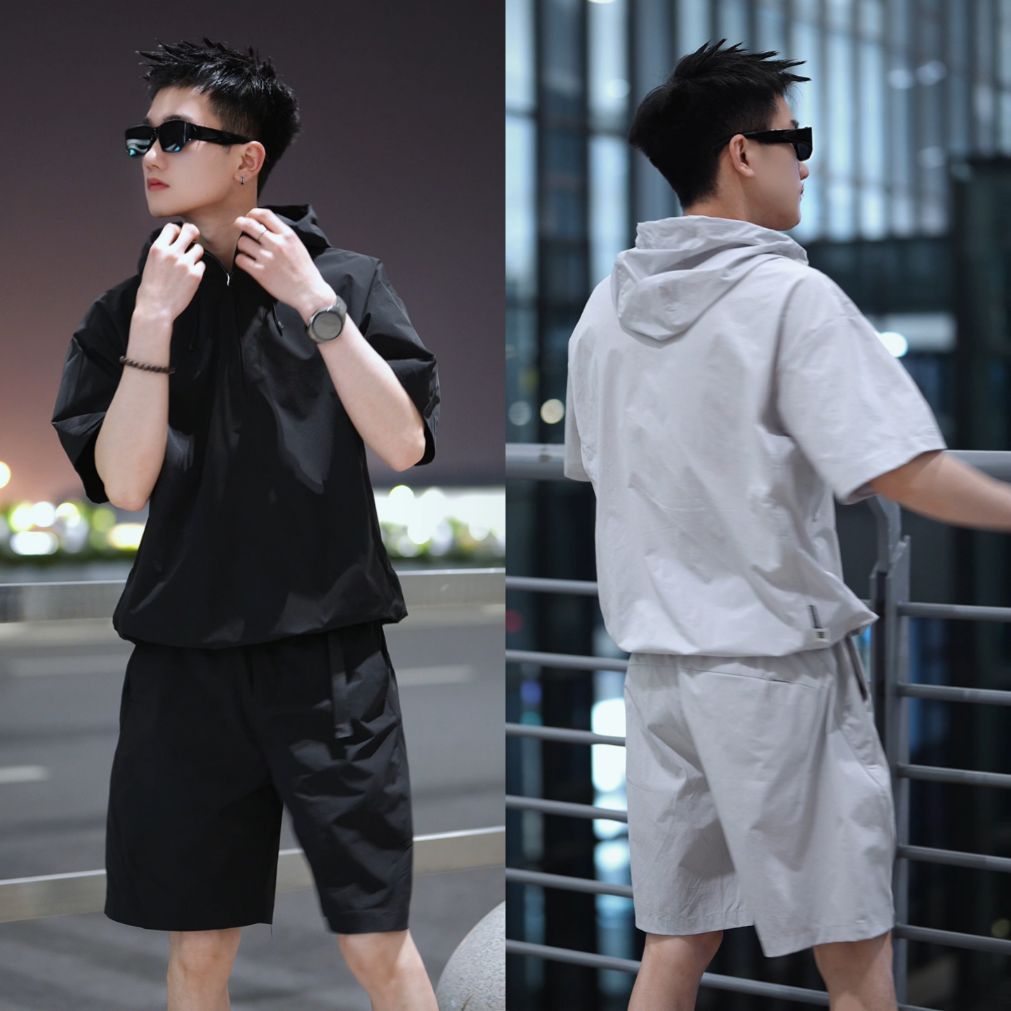 男士夏季薄款时尚连帽短袖短裤套装运动休闲风痞帅潮流穿搭一整套