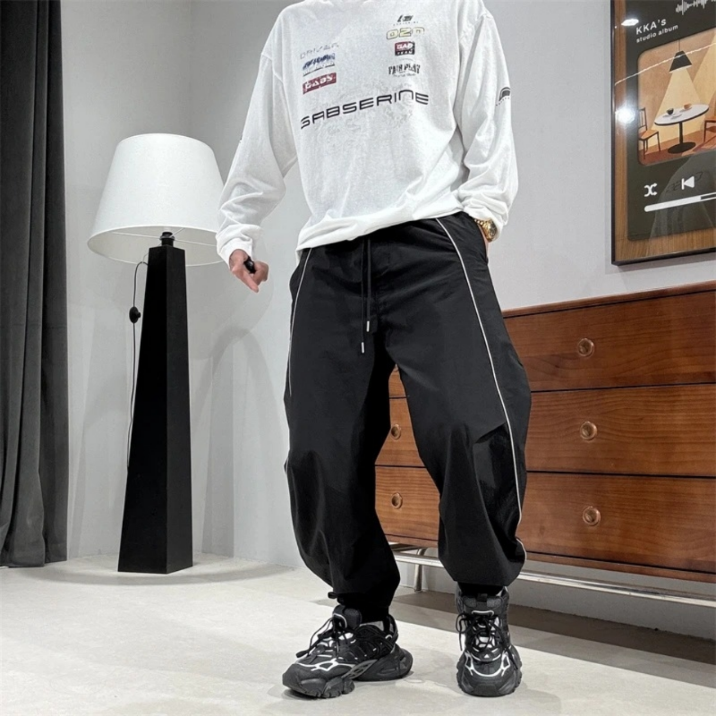 夏季薄款男士宽松立体剪裁系带哈伦裤美式伞兵运动潮流束脚休闲裤