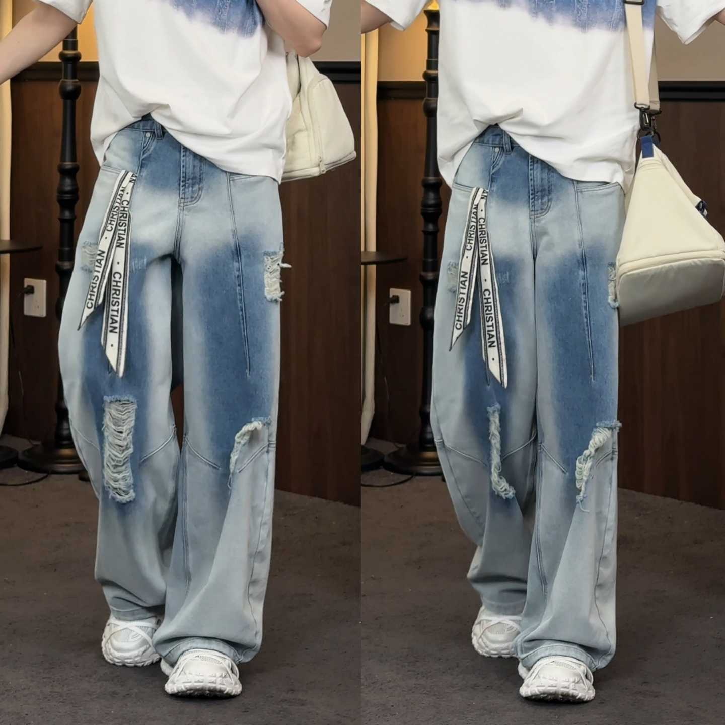 春季帅气时尚潮流美式复古破洞刮烂牛仔长裤男士百搭街头风长裤潮
