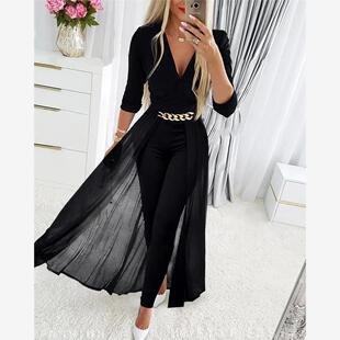 V领网纱炼条连身裤 Chain Decor Sheer Mesh Overlay Jumpsuit