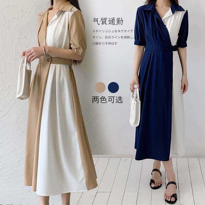 2023夏季新款韩国chicc日系外贸撞色拼接一粒扣收腰短袖连衣裙女