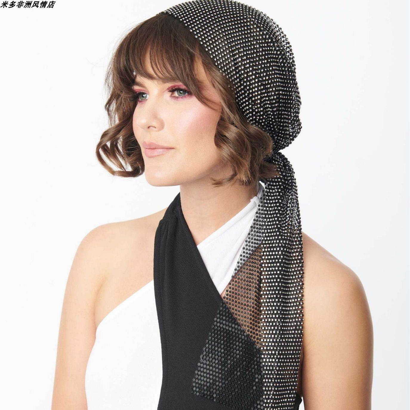 turban cap水钻渔网帽欧美弹力个性水钻帽子音乐节派对烫钻长尾帽