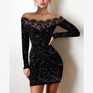 Bodycon Off Glitter Lace Dress蕾丝拼接撒粉紧身裙 Shoulder