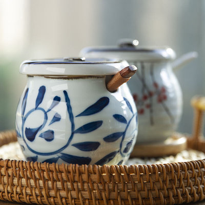 和风四季日式釉下彩调味罐料盒厨房家用陶瓷盐罐调料罐辣椒猪油罐