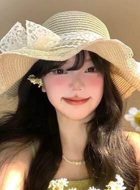 法式甜美田园风蝴蝶结草帽女夏季