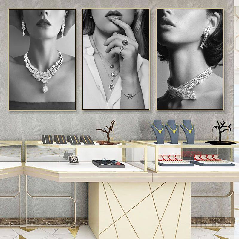 轻奢珠宝店装饰画翡翠珍珠直播间海报项链首饰店女模特奢侈品挂画