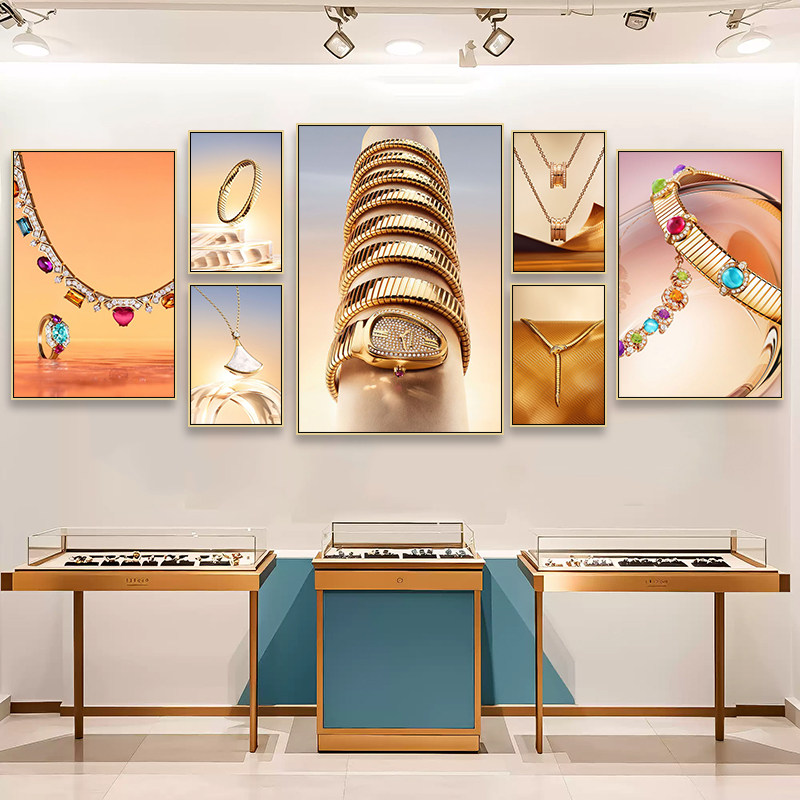 珠宝店墙面装饰画奢侈品专柜店挂画耳环手链首饰项链宝石展示壁画
