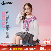 女童蝴蝶结印花长袖 ask儿童T恤2026春季 新款 中大童圆领甜美上衣