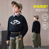 男童圆领落肩长袖 ask儿童T恤2026春季 新款 中大童休闲上衣潮