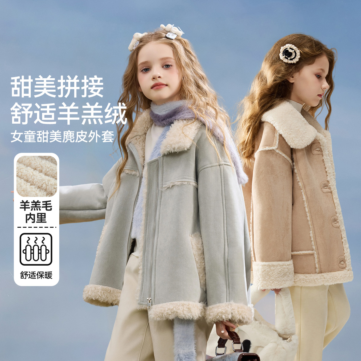 ask儿童外套2025冬季新款女童甜美舒适羊羔毛上衣中大童外衣
