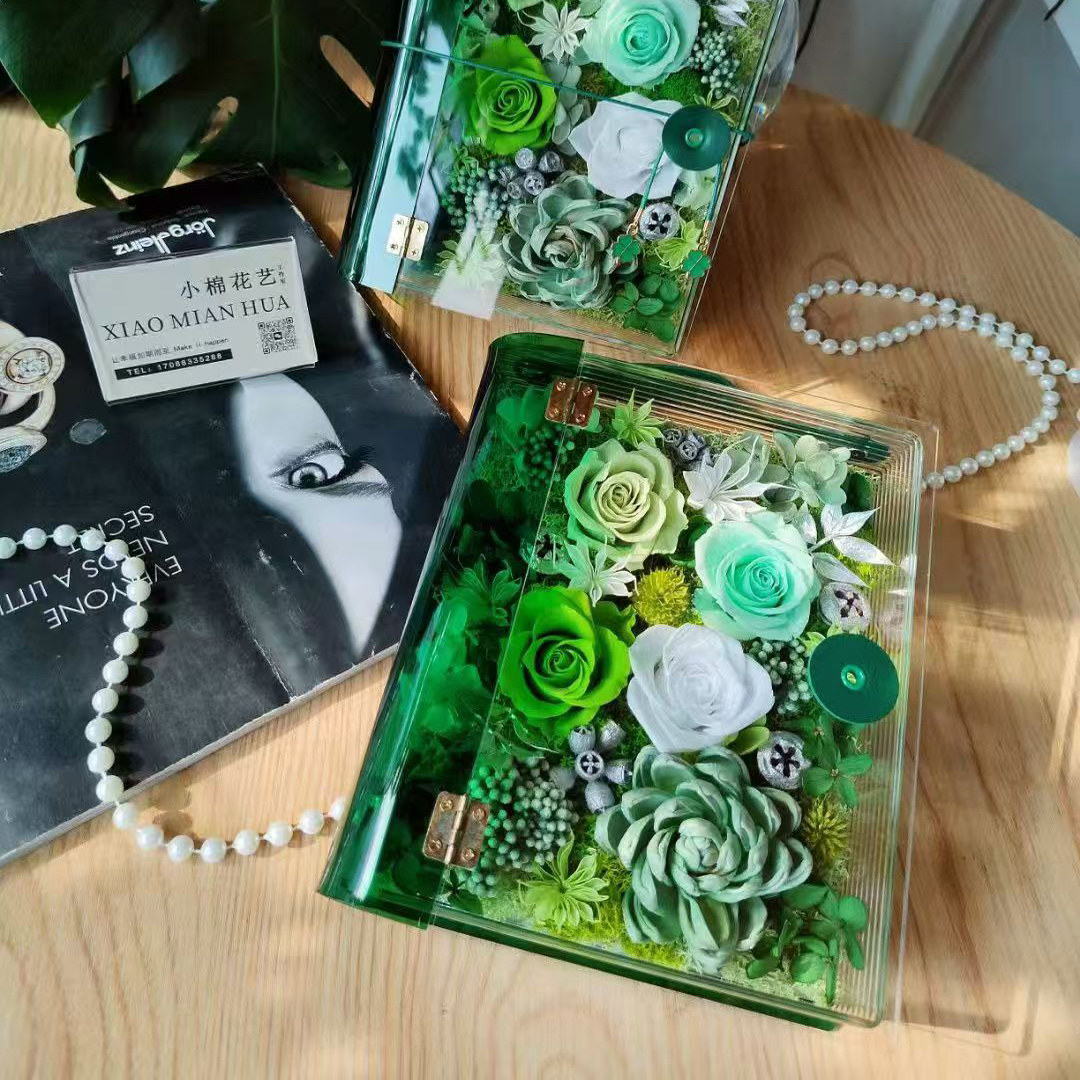 亚克力书本手提花盒永生花翻盖书本装饰盒高级伴手礼礼盒收纳盒