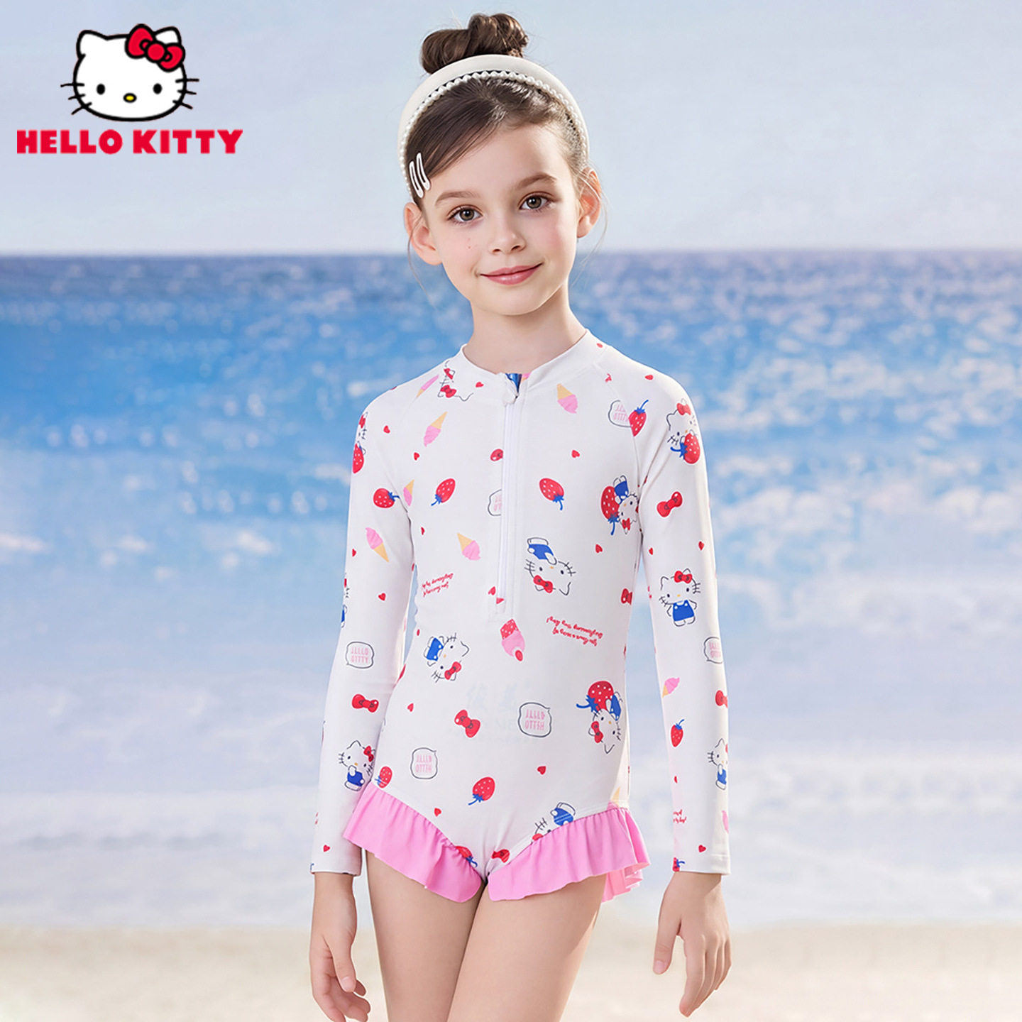 hellokitty儿童泳衣女孩新款女童宝宝泳装连体长袖防晒游泳衣