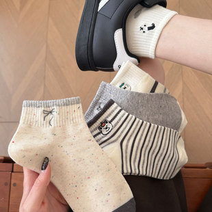 秋冬新款袜子女低帮吸汗INS卡通灰色可爱短袜条纹韩版薄款船袜