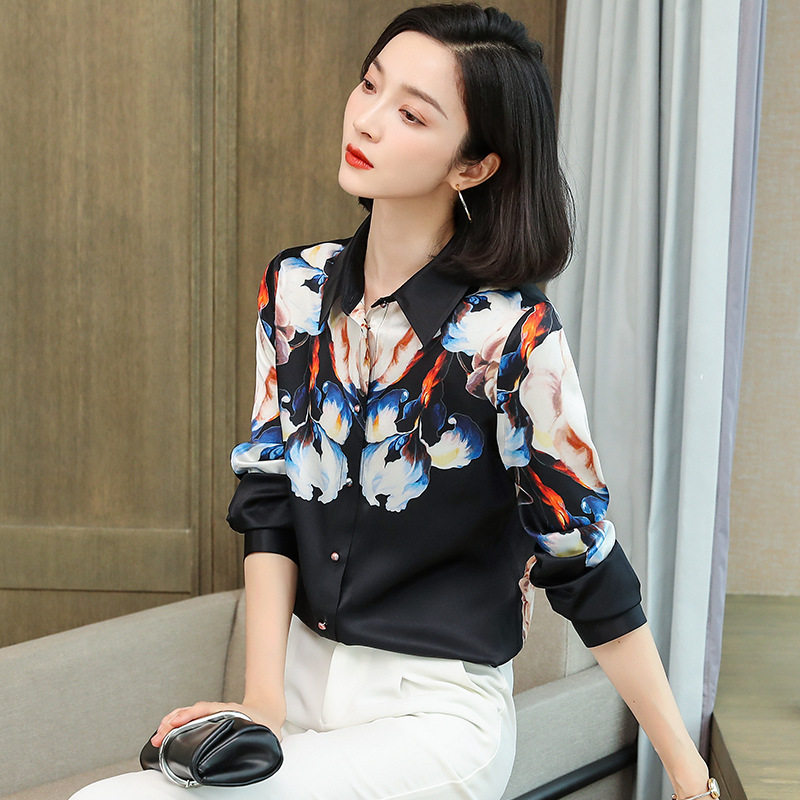 桑蚕丝印花长袖衬衫女