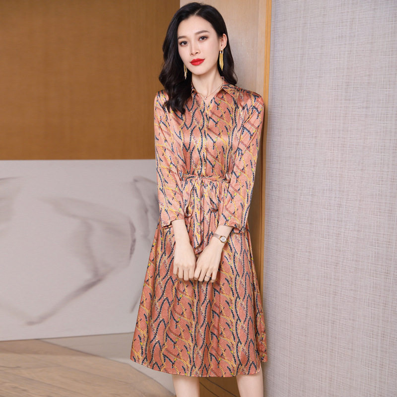 真丝复古印花连衣裙女