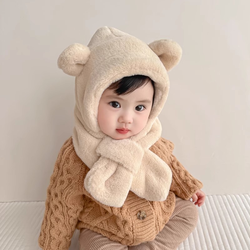 婴儿帽子围巾一体连体两件套男宝女童可爱婴幼儿宝宝毛绒帽子冬季