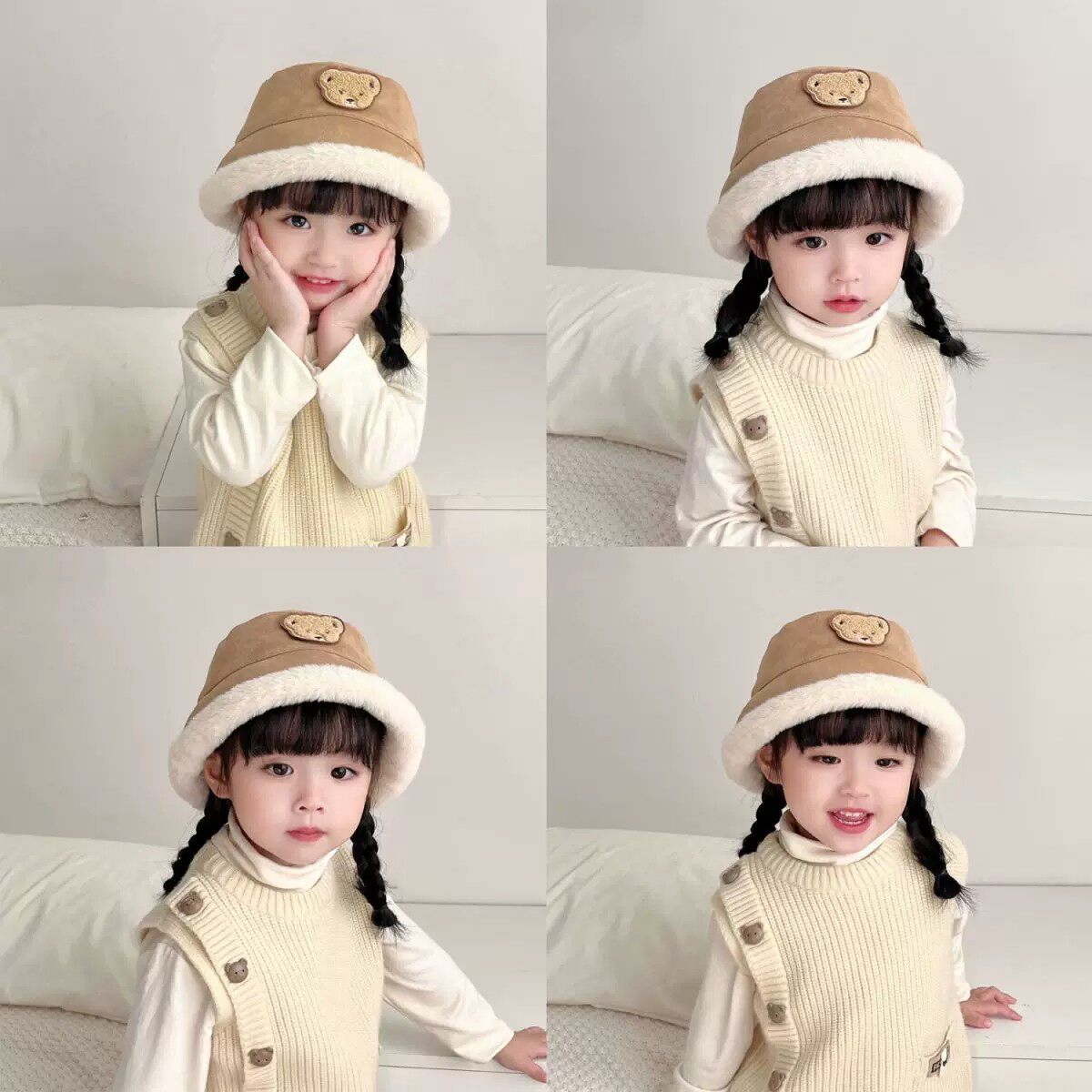 宝宝帽子秋冬小熊男童女童渔夫帽儿童加厚毛绒盆帽婴幼儿保暖帽子