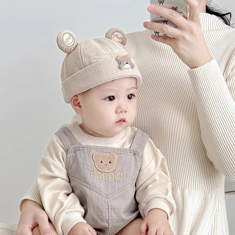 婴儿帽子春秋款韩版超萌幼儿男童小熊地主帽秋季小月龄宝宝瓜皮帽