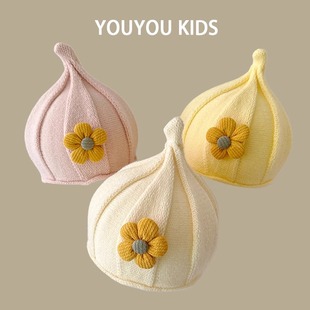 婴儿帽子可爱超萌冬天小花花女宝宝针织尖尖帽女孩纯色秋冬毛线帽